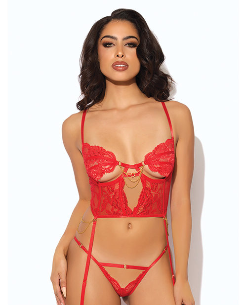 Cecily Lace &amp; Mesh Bustier w/Thong &amp; Garter Straps - Red LG