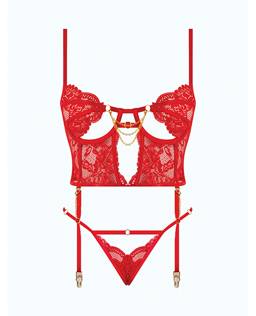 Thumbnail for Cecily Lace &amp; Mesh Bustier w/Thong &amp; Garter Straps - Red LG
