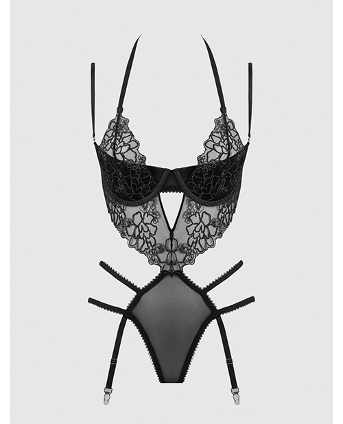 Thumbnail for Eden Embroidered Lace & Mesh Teddy w/Garters - Black 3X/4X