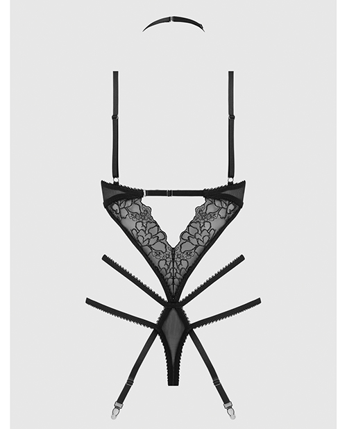 Thumbnail for Eden Embroidered Lace & Mesh Teddy w/Garters - Black 3X/4X