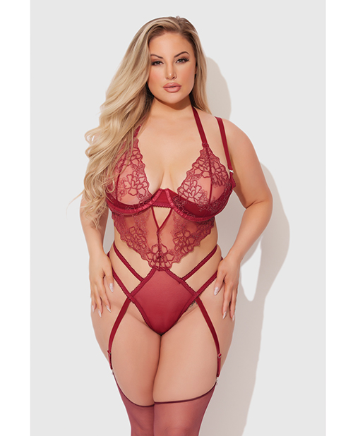 Eden Embroidered Lace &amp; Mesh Teddy w/Garters - Dark Red 1X/2X