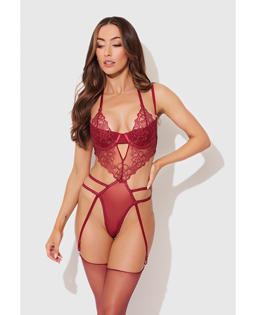 Eden Embroidered Lace &amp; Mesh Teddy w/Garters - Dark Red XL