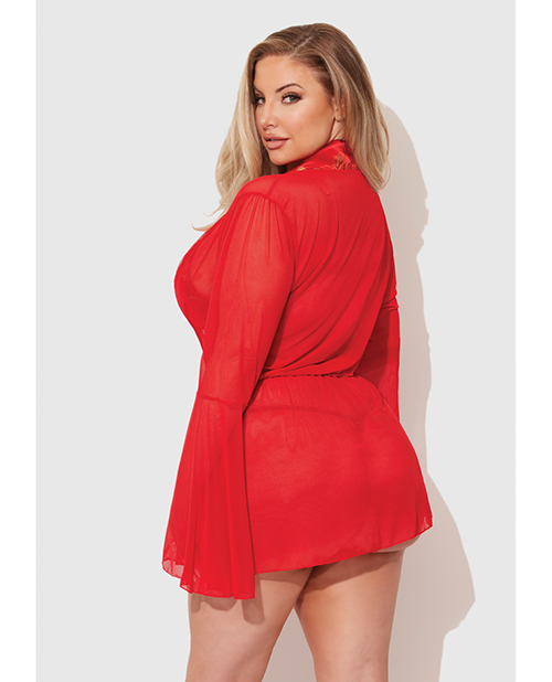 Thumbnail for Dragon Sheer Mesh Robe w/Satin Triangle Top &amp; G-String 3 pc Set - Red 1X/2X