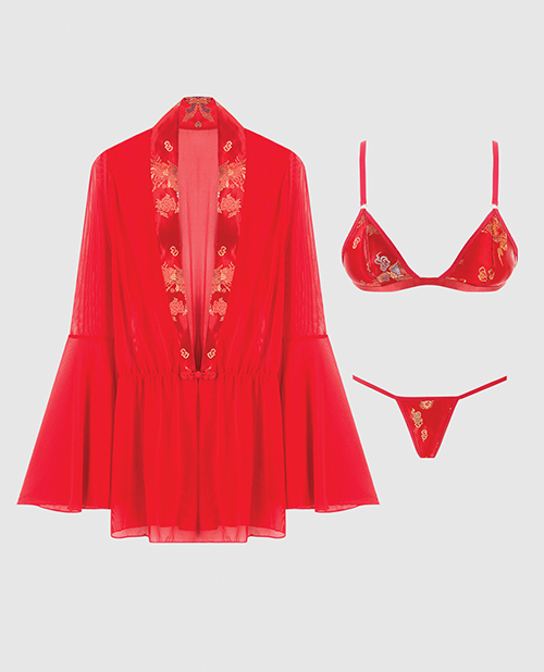 Thumbnail for Dragon Sheer Mesh Robe w/Satin Triangle Top &amp; G-String 3 pc Set - Red 1X/2X