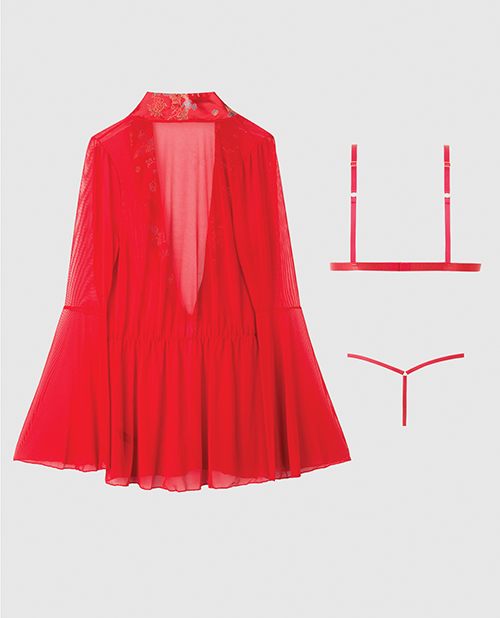 Thumbnail for Dragon Sheer Mesh Robe w/Satin Triangle Top &amp; G-String 3 pc Set - Red 1X/2X