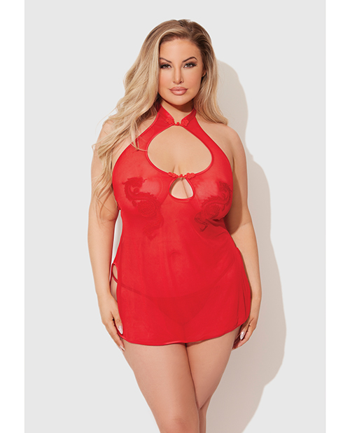 Dragon Mesh &amp; Applique Chemise w/G-String 2 pc Set - Red 1X/2X