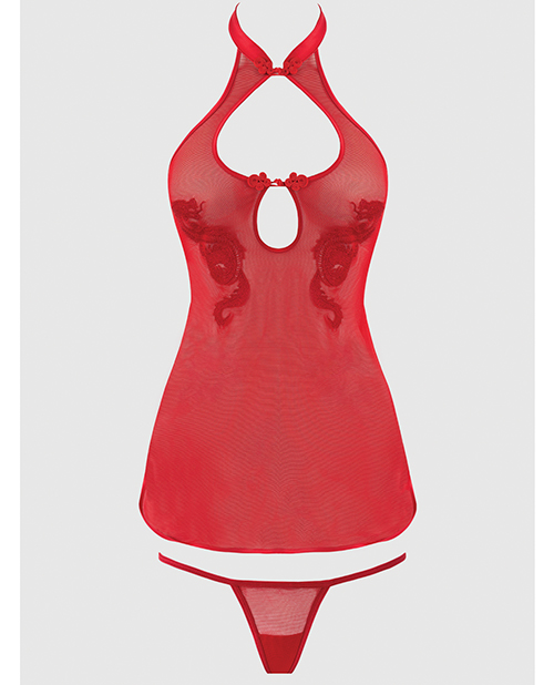 Thumbnail for Dragon Mesh & Applique Chemise w/G-String 2 pc Set - Red 1X/2X
