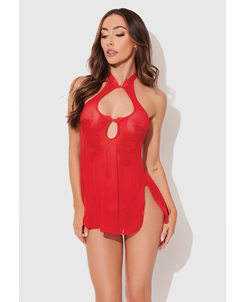 Dragon Mesh &amp; Applique Chemise w/G-String 2 pc Set - Red SM