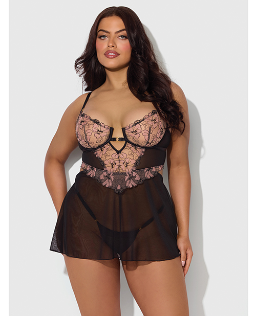 Nova Lace &amp; Mesh Babydoll w/G-String 2 pc Set - Black 1X/2X