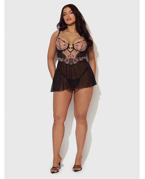 Thumbnail for Nova Lace &amp; Mesh Babydoll w/G-String 2 pc Set - Black 1X/2X