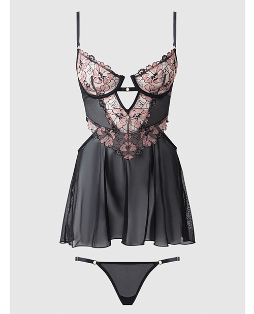 Thumbnail for Nova Lace & Mesh Babydoll w/G-String 2 pc Set - Black MD