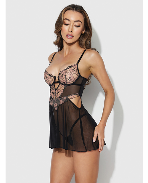 Nova Lace &amp; Mesh Babydoll w/G-String 2 pc Set - Black SM