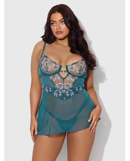 Nova Lace &amp; Mesh Babydoll w/G-String 2 pc Set - Jade Blue 1X/2X