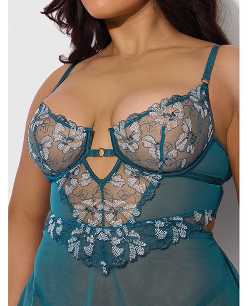 Thumbnail for Nova Lace & Mesh Babydoll w/G-String 2 pc Set - Jade Blue 3X/4X