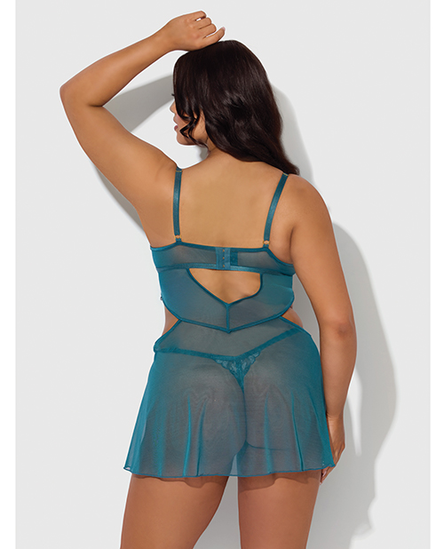 Thumbnail for Nova Lace & Mesh Babydoll w/G-String 2 pc Set - Jade Blue 3X/4X