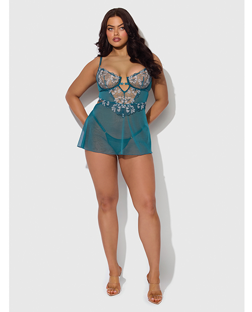 Thumbnail for Nova Lace & Mesh Babydoll w/G-String 2 pc Set - Jade Blue 3X/4X