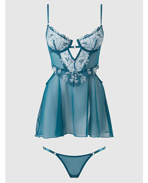 Thumbnail for Nova Lace & Mesh Babydoll w/G-String 2 pc Set - Jade Blue 3X/4X