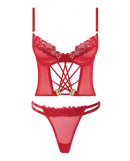 Thumbnail for Ashley Alexiss Bustier w/Front Lace Up Ribbon Details &amp; Matching High Cut Thong - Red 1X/2X