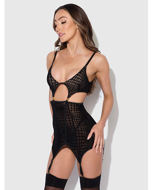 Snake Velvet-Burnout Mesh Chemise &amp; G-String Set - Black MD
