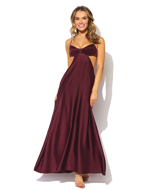 Brigeta Satin Cut Out Long Dress - Burgundy MD