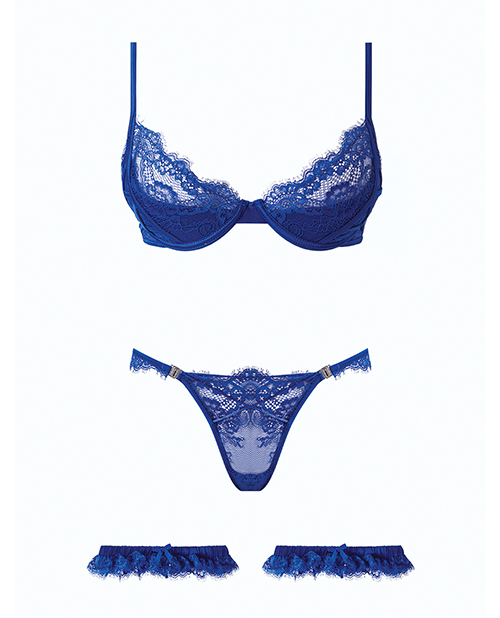 Thumbnail for Madeline Lace &amp; Mesh Bra, Garters, &amp; Panty - Cobalt Blue 1X/2X