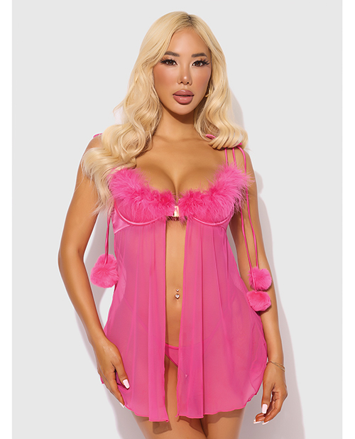 Marilyn Marabou &amp; Mesh Babydoll &amp; G-String Set - Pink 3X/4X