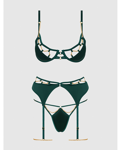 Thumbnail for Evangeline Satin & Chain Push Up Bra, Thigh Garter Belt & G-String Set - Green SM