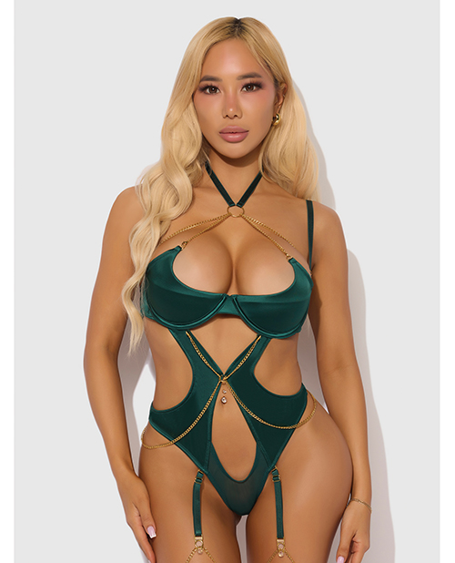Evangeline Satin &amp; Chain Halter Teddy - Green 3X/4X