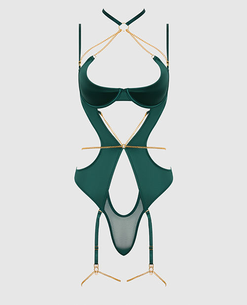 Thumbnail for Evangeline Satin & Chain Halter Teddy - Green 3X/4X