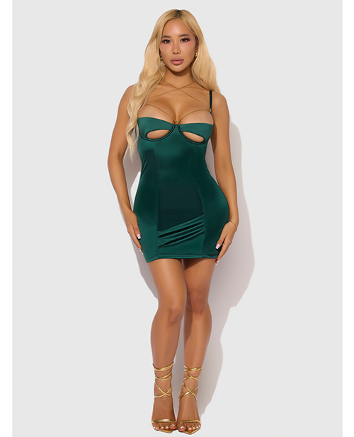 Thumbnail for Evangeline Satin & Chain Open Cup & Back Chemise & G-String Set - Green 1X/2X