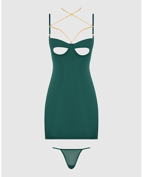 Thumbnail for Evangeline Satin & Chain Open Cup & Back Chemise & G-String Set - Green 3X/4X