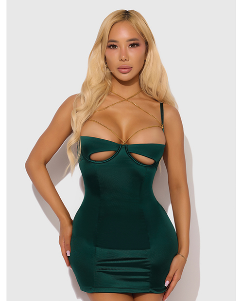 Evangeline Satin &amp; Chain Open Cup &amp; Back Chemise &amp; G-String Set - Green SM