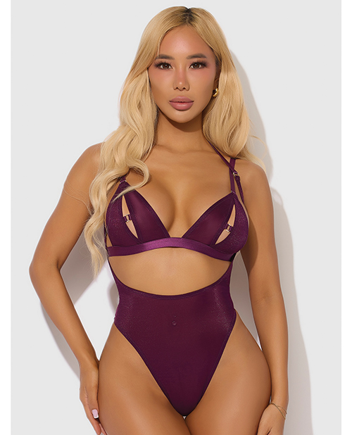 Yasmine Shimmer Mesh Slit Cup, Backless Teddy &amp; Bralette Set - Burgundy 3X/4X