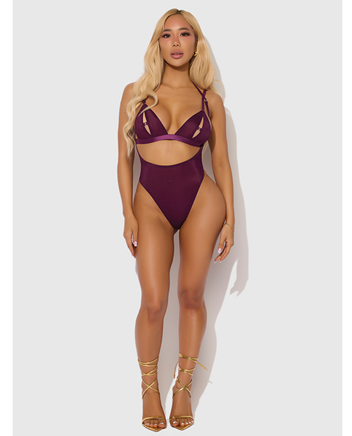 Thumbnail for Yasmine Shimmer Mesh Slit Cup, Backless Teddy & Bralette Set - Burgundy MD