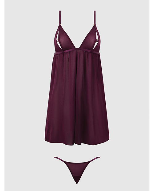 Thumbnail for Yasmine Shimmer Mesh O-Ring Slit Cup Babydoll & G-String Set - Burgundy 1X/2X