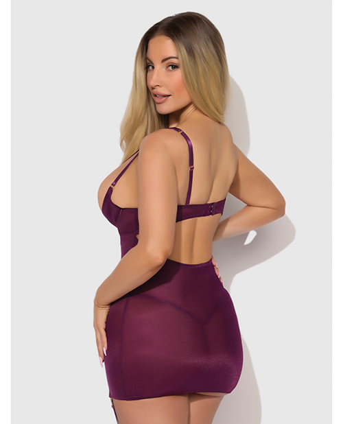 Thumbnail for Yasmine Shimmer Mesh O-Ring Thigh Garter Chemise & G-String Set - Burgundy 1X/2X