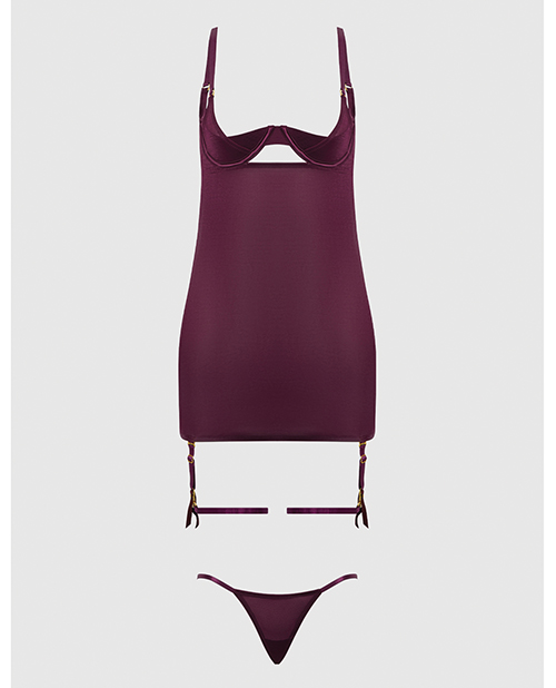 Thumbnail for Yasmine Shimmer Mesh O-Ring Thigh Garter Chemise & G-String Set - Burgundy XL