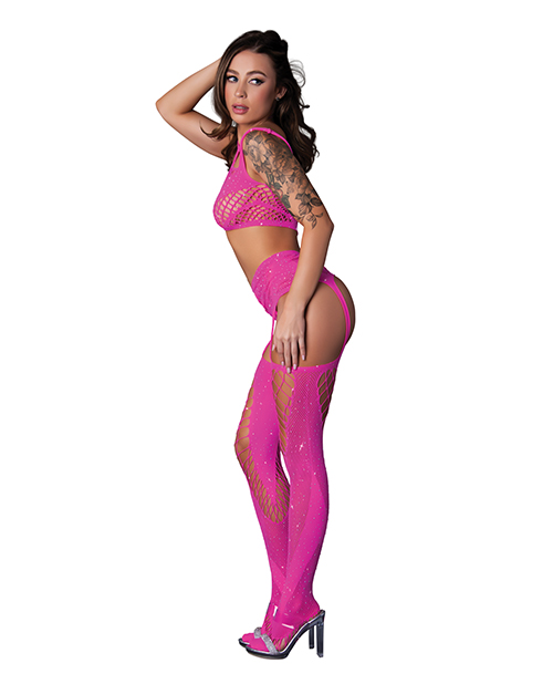 Thumbnail for Seamless Blacklight Reflective Bralette w/G-String &amp; Garter Stocking 3 pc Set - Pink O/S
