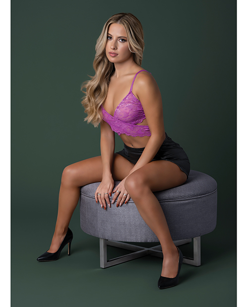Thumbnail for Butterfly Fantasies Cross Over Bralette w/Thong and Garter 3 pc Set - Neon Purple L/XL