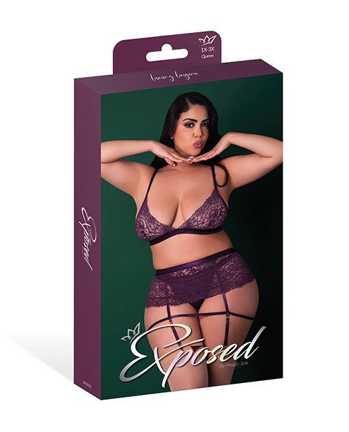 Thumbnail for Leather &amp; Lace Stretch Mesh and Lace Bralette w/Garter &amp; Thong 3 pc Set - Plum 2X