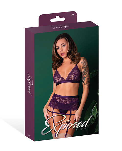 Thumbnail for Leather & Lace Stretch Mesh and Lace Bralette w/Garter & Thong 3 pc Set - Plum L/XL