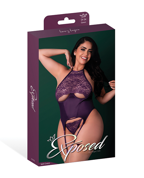 Thumbnail for Leather &amp; Lace Stretch Mesh and Lace Underboob Cutout Corset &amp; Panty 2 pc Set - Plum 2X