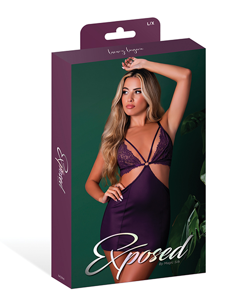 Thumbnail for Leather &amp; Lace Stretch Mesh and Lace Chemise w/Thong 2 pc Set - Plum L/XL