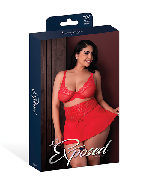 Thumbnail for Sugar High Bralette w/Cincher Skirt & Thong 3 pc Set - Red QN