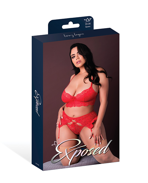 Thumbnail for Sugar High Lace Bralette w/Garter Belt &amp; Strappy Panty 3 pc Set - Red 2X