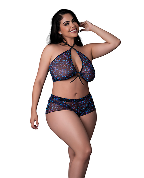 Hazy Dayz Butterfly Blacklight Reflective Halter Top &amp; Short 2 pc Set - Black Multi QN