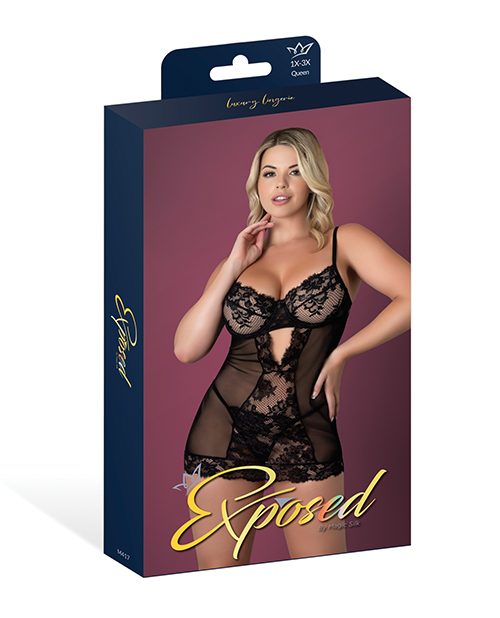 Thumbnail for Black Cherry Demi Cup Chemise &amp; Thong Set - Black QN