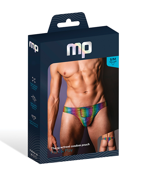 Thumbnail for Pack & Play Thong w/Front Condom Pouch - Rainbow S/M