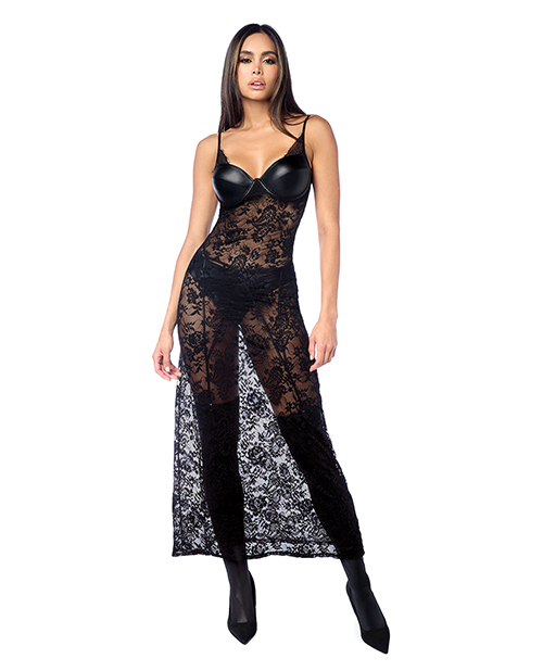 Lace Underwire Long Gown w/Panty &amp; Garter Belt 2 pc Set (Stockings not Included) - Black L/XL