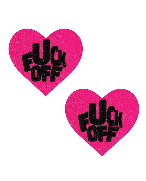 Thumbnail for Neva Nude Fuck Off Glitter Blacklight Reactive Heart Pasties - Pink/Black O/S